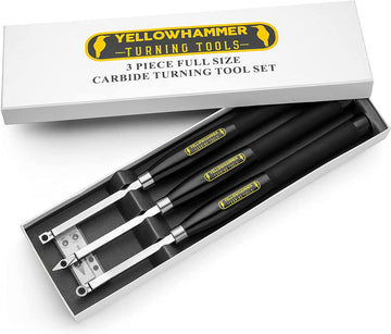 Yellowhammer Premium 3 Piece Mini Carbide Turning Tool Set with Ergonomic Cushioned Grip Beechwood Handles and 2 Each Round, Square and Diamond-Shaped Carbide Cutters