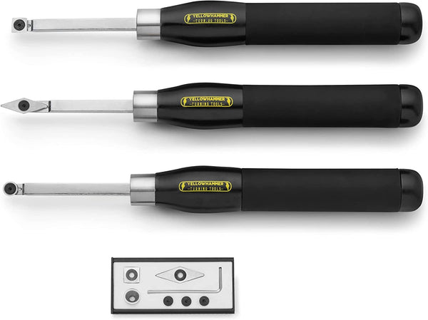 Yellowhammer Premium 3 Piece Mini Carbide Turning Tool Set with Ergonomic Cushioned Grip Beechwood Handles and 2 Each Round, Square and Diamond-Shaped Carbide Cutters