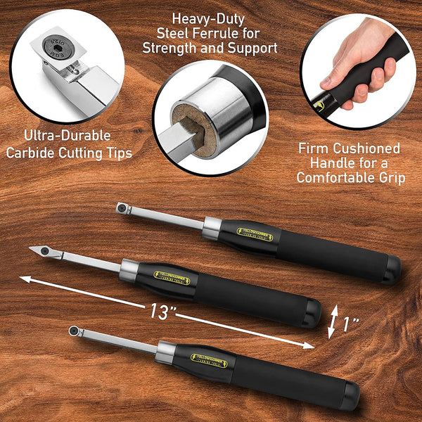 Yellowhammer Premium 3 Piece Mini Carbide Turning Tool Set with Ergonomic Cushioned Grip Beechwood Handles and 2 Each Round, Square and Diamond-Shaped Carbide Cutters